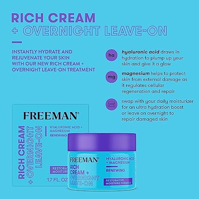 Freeman RICH CREAM + OVERNIGHT LEAVE-ON, MOISTURIZING FACE MASK, FACIAL MASK FOR DRY SKIN, FACE CREAM INFUSED WITH MAGNESIUM & HYALURONIC ACID TO HYDRATE & SOOTHE SKIN, 1.7 FL.OZ./ 50 ML JAR - Image 2
